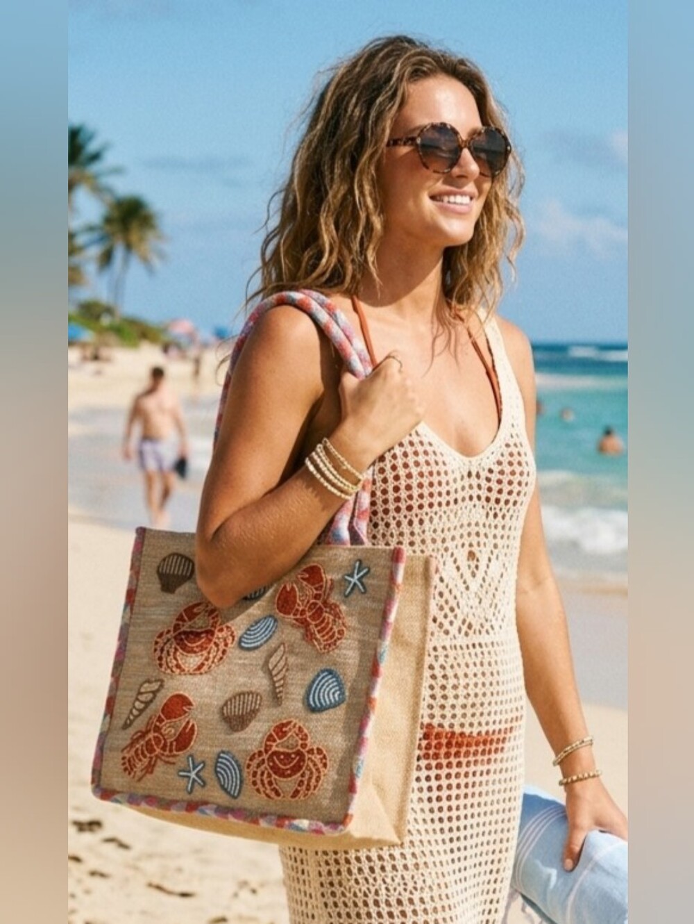 Beaded Lobster Crab Beach Tote Coastal Resort Bag A&B Express Edit NWT